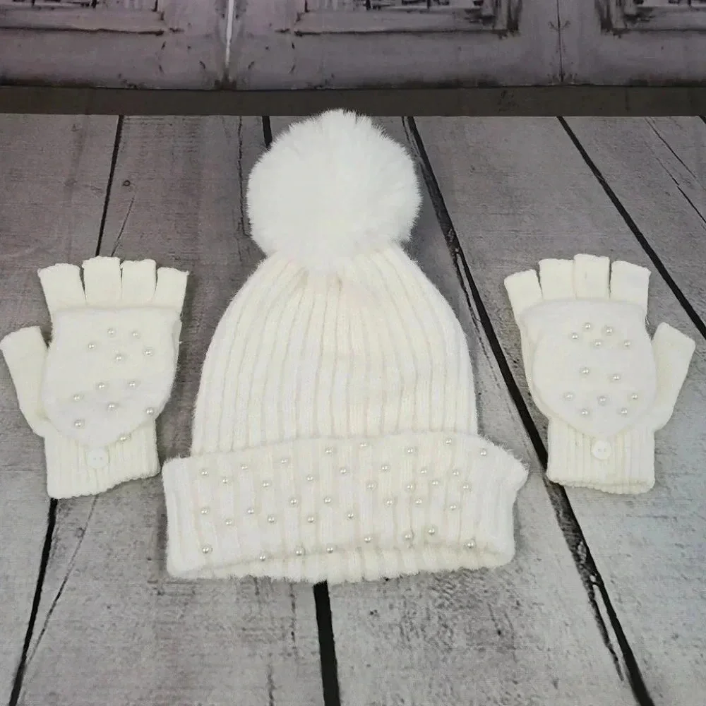 White Knit hat with Super Pom and Faux Pearl Accents Hat and Fingerles Glove set